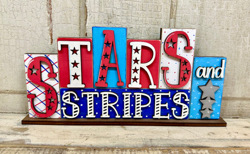 Patriotic Stars & Stripes Word Block Shelf Sitter - Unpainted