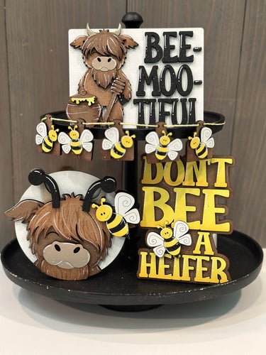 Highland Cow Bee Tiered Tray - Unpainted - Choose a Piece or Entire Set