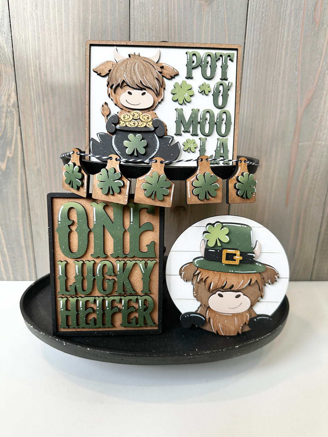 St. Patrick's Day Highland Cow Tiered Tray - Unpainted - Buy a piece or entire set