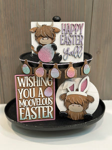 Easter Highland Cow Tiered Tray - Unpainted - Choose a Piece or Entire Set.