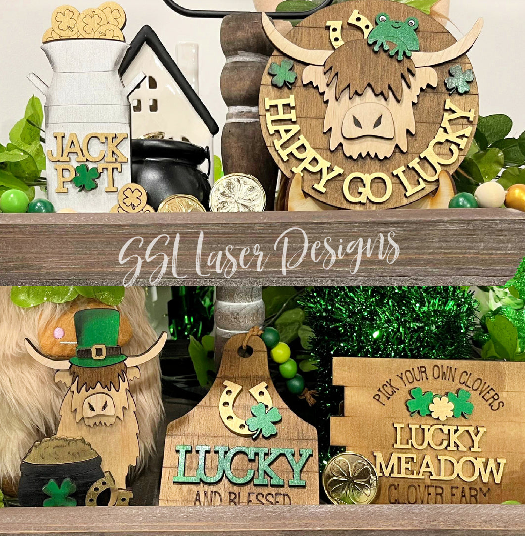 Highland Cow St. Patrick's Day Tiered Tray - Unpainted - Choose a Piece or Entire Set