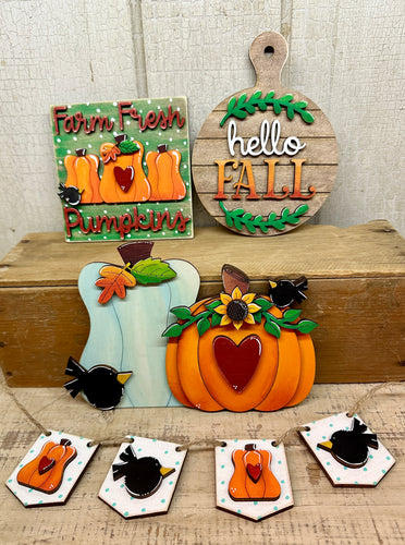Fall Pumpkins & Birds Tiered Tray -Unpainted - Unpainted -Pieces or Entire Set