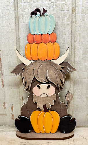 Fall Highland Cow with Stacked Pumpkins - Unpainted