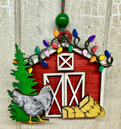Chicken & Barn Ornament - Unpainted