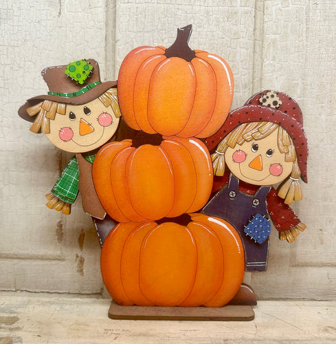 Scarecrows Peeking Behind Pumpkins - Unpainted